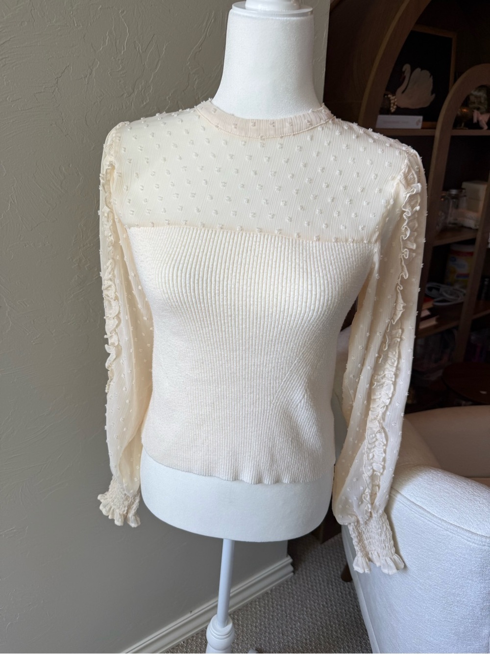 Sam Edelman Sheer Sleeve Pearl Button Sweater Beige Romantic Fall Large